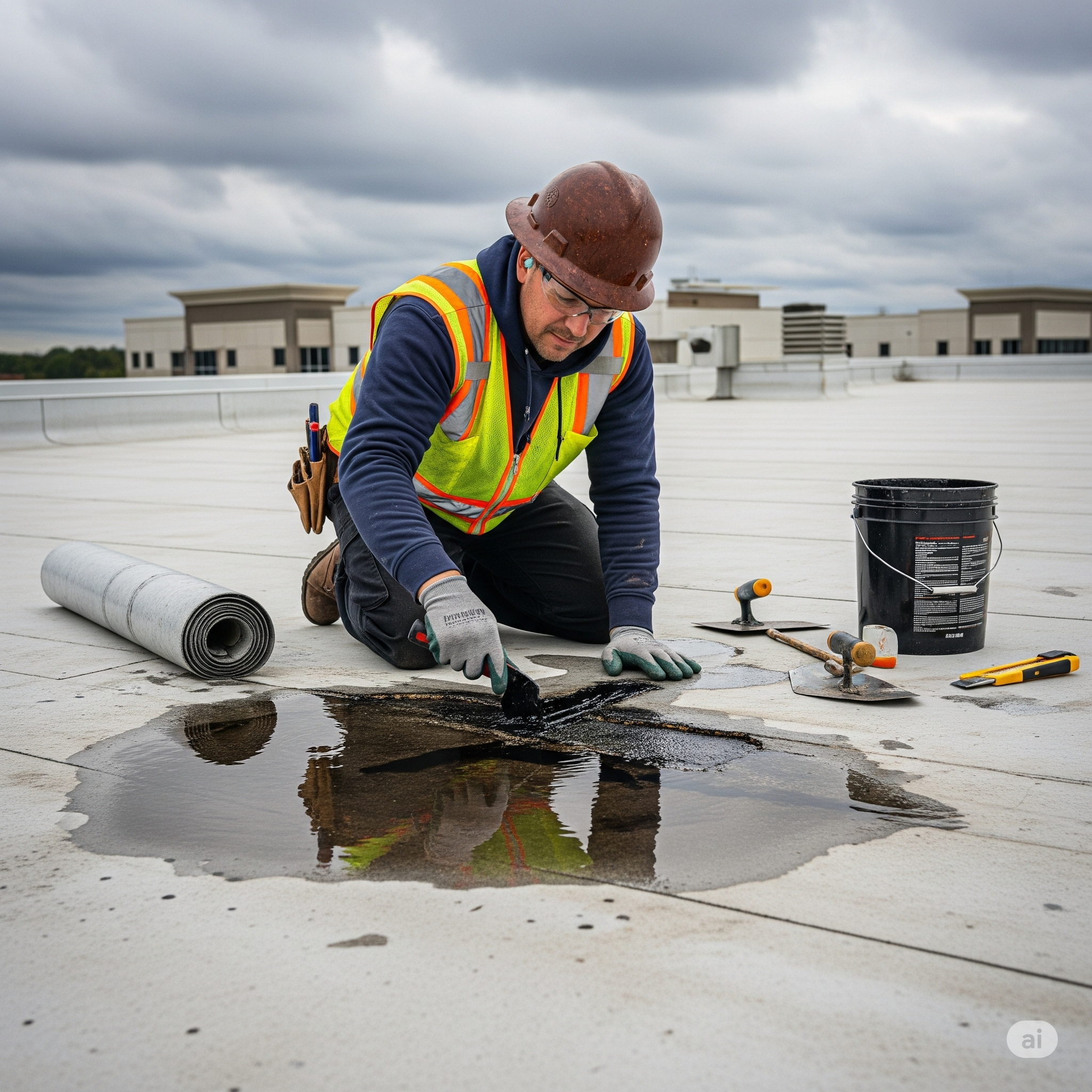 Roofer fixing a leak on a commercial roof