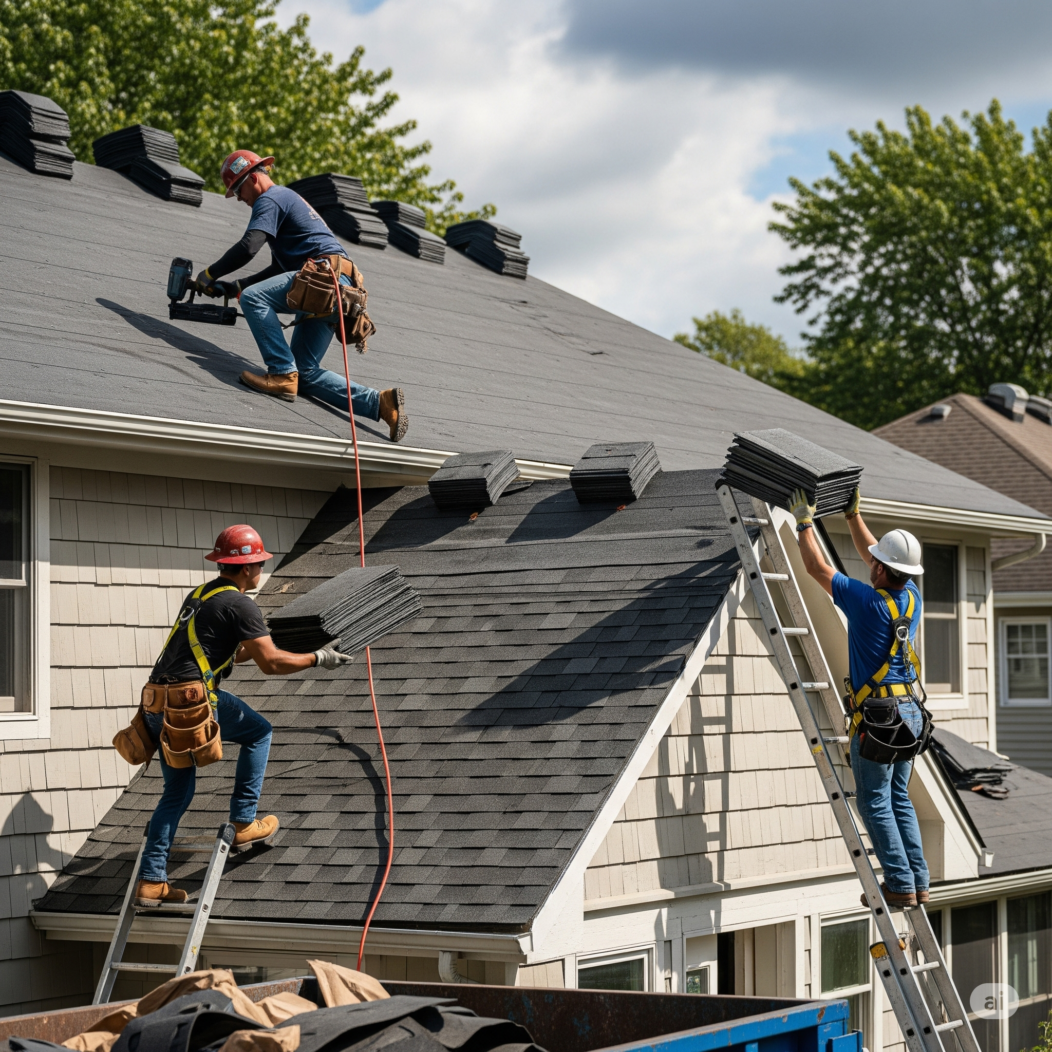 Roofing team installing new shingles